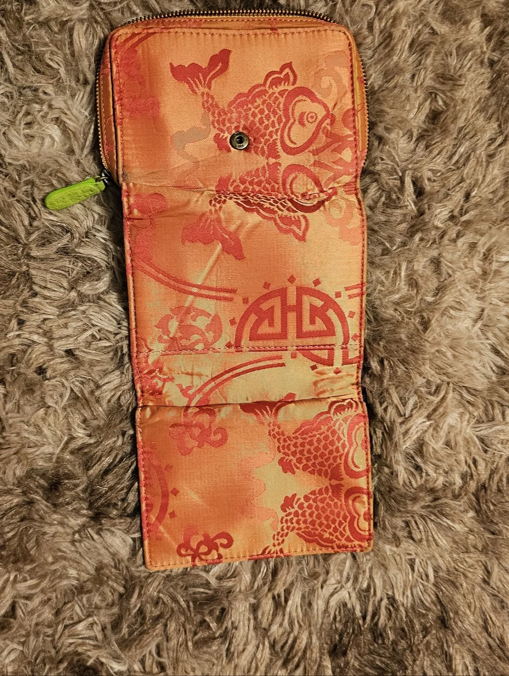 Shanghai Tang Bright Lime & Navy Trifold Wallet with Orange Printed Coin Pouch
